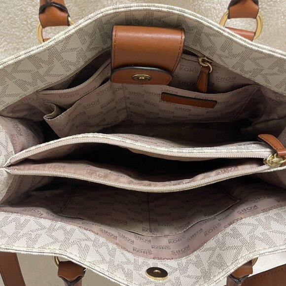 NWT Gorgeous Michael Kors Hamilton Cream w/Leather Brown Trim Lg Tote - Picture 8 of 13